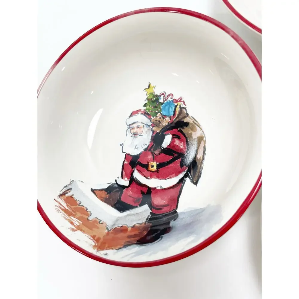 Pottery Barn Painted Santa Stoneware Bowls Christmas Set of 3
